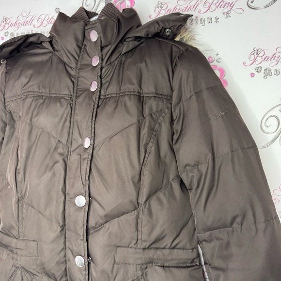 Espirit jacket coat down feather filled brown waist cinch inside button up fur - Picture 2 of 12